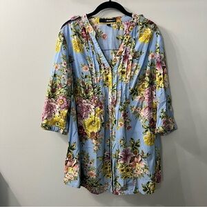 Denim 24/7 Blue & Pink Short Sleeve Floral Pintuck Cotton Button Down Shirt 20W